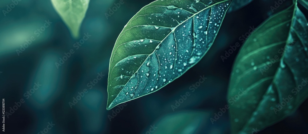 Poster close-up of green leaves with droplets of water on a dark background featuring copy space for text p