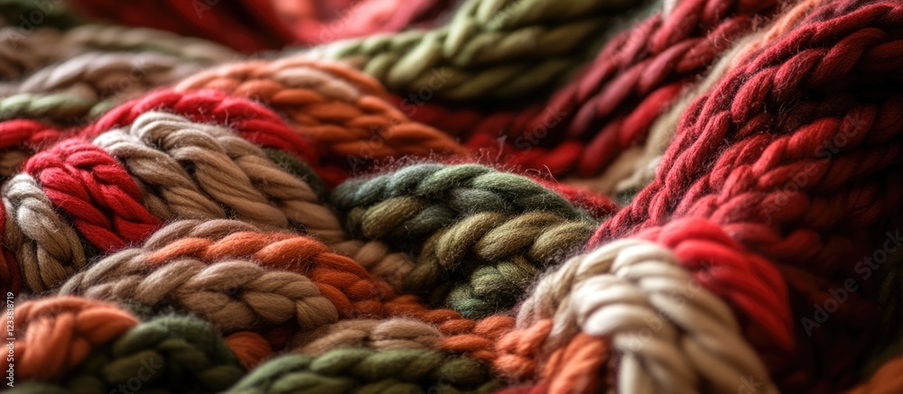 Poster Close-up view of multicolored braided rope with green red and beige fibers texture and detail Copy Space
