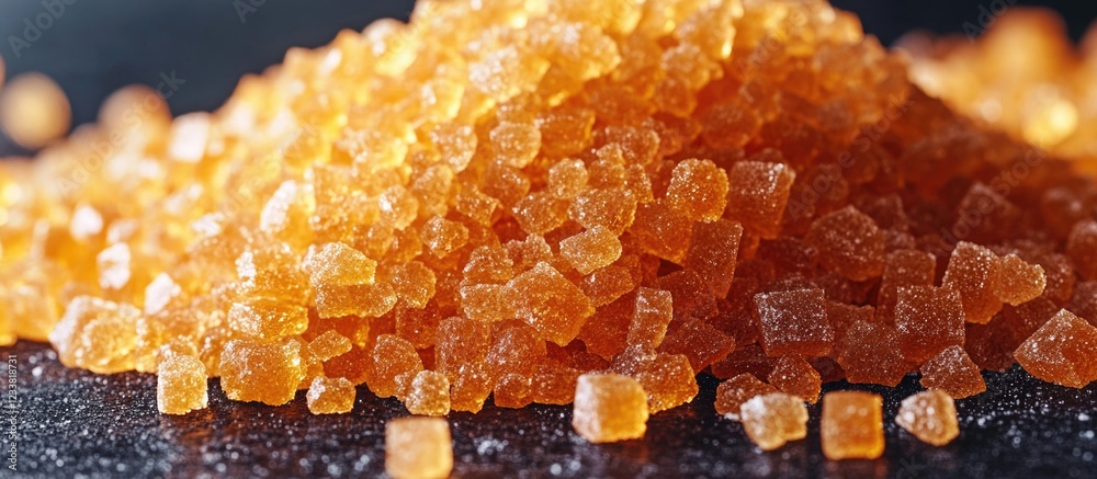 Aufkleber Brown sugar granules in a close-up view on a dark surface with a textured background and ample copy space for text placement