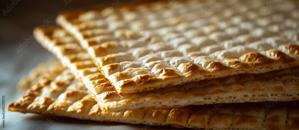 Poster crispy texture of stacked traditional flatbreads over a wooden table with soft natural lighting copy