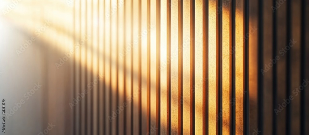 Aufkleber Abstract image of vertical wooden slats with soft sunlight filtering through, creating a warm glow and shadows, Copy Space available.