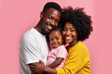 Obraz premium A Joyful Family Portrait Featuring an African American Father, Mother, and Their Smiling Daughter Against a Soft Pink Background
