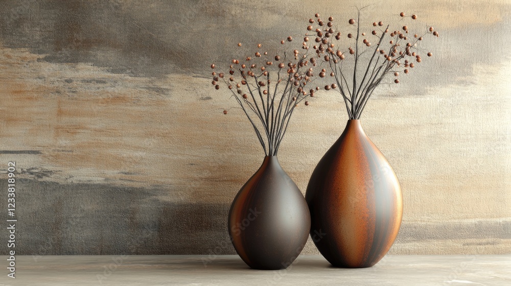 Poster Elegant ceramic vases with dried flowers on a textured background with neutral tones and Copy Space for text placement