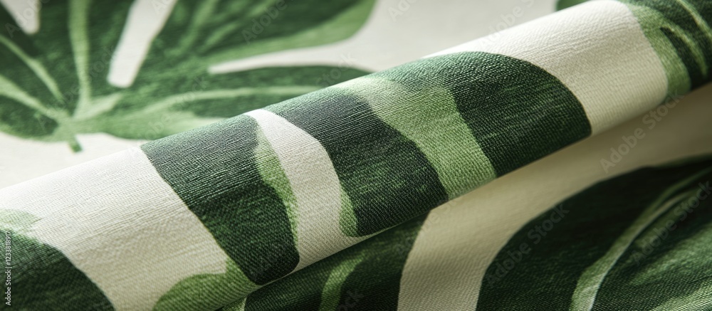 Poster close-up of green tropical leaf patterned fabric with visible textures and folds, copy space availab