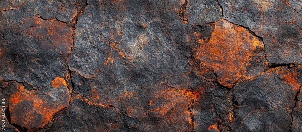 Aufkleber Textured rock surface with dark and rusty orange tones, featuring cracks and uneven layers, suitable for backgrounds and Copy Space.