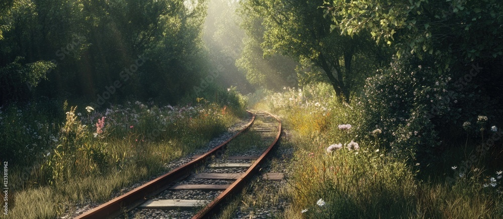 Poster abandoned railway track surrounded by lush greenery and wildflowers in a forest landscape with soft 