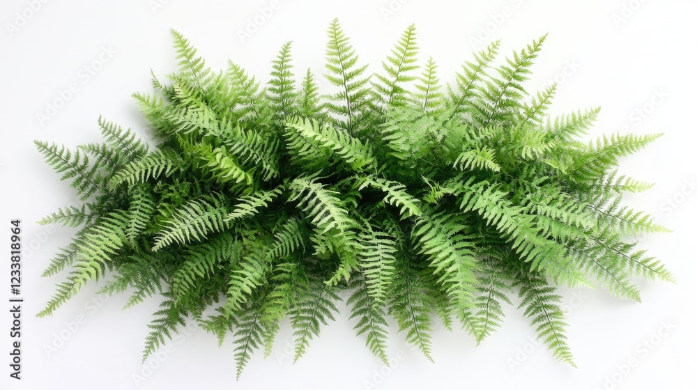 Poster Lush green fern leaves arranged in a horizontal composition on a white background with Copy Space for text placement.