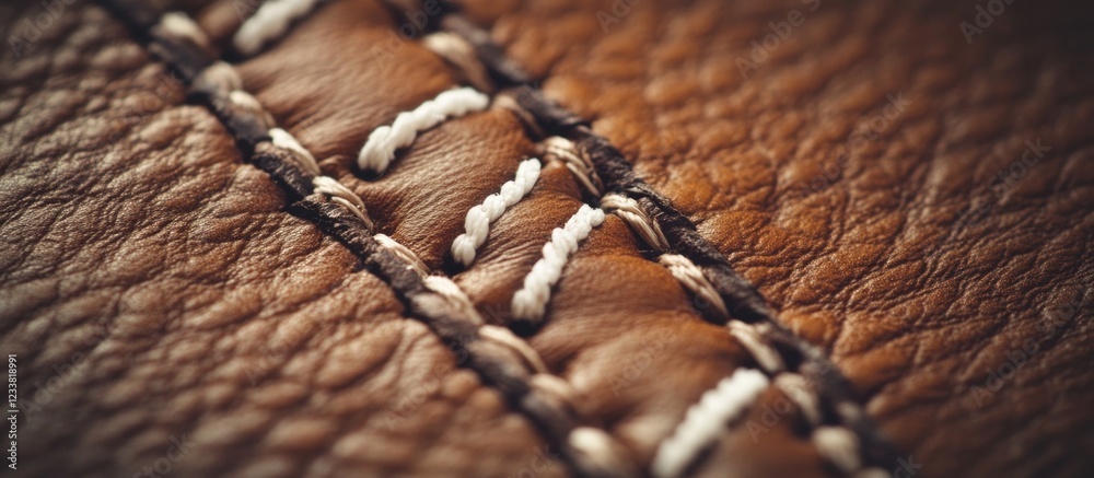 Poster close-up of brown leather texture with white stitching details and visible grain pattern, ideal for 