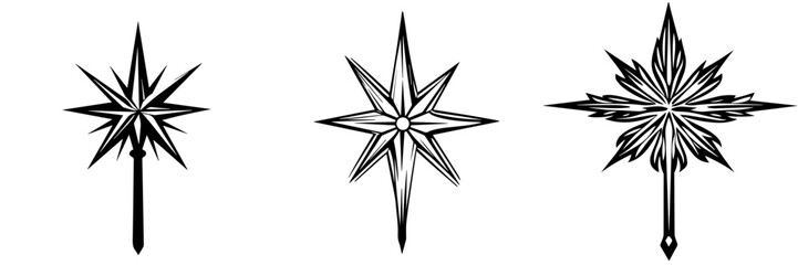 Set of Star Illustrations, Different Star Shapes, Black and White Vector Graphics, Celestial Bodies, Design Elements, Isolated on White Background