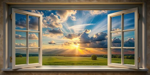 A window with an open frame, allowing a glimpse of a serene landscape with clouds in the sky, with sunlight casting a warm glow on the scene , architecture, sunlight