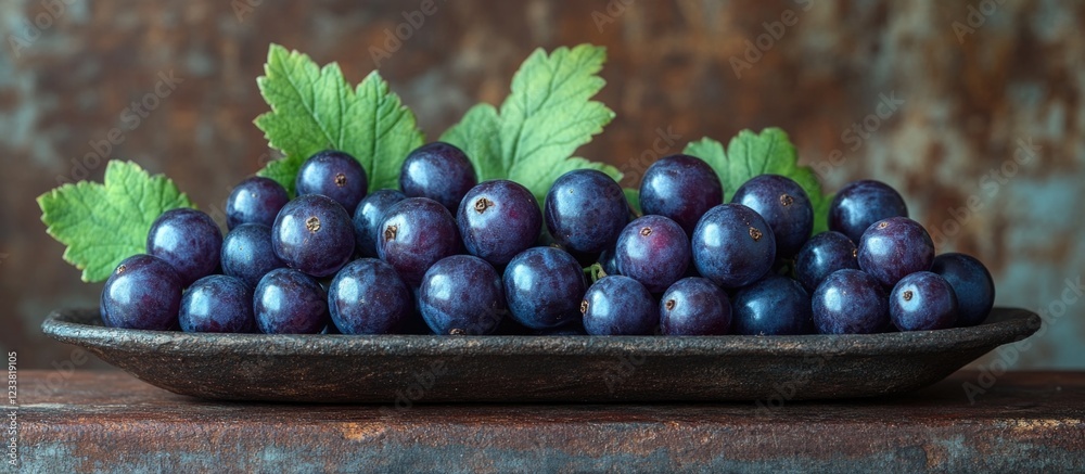 Poster fresh black grapes on a rustic platter with green leaves and a textured background copy space