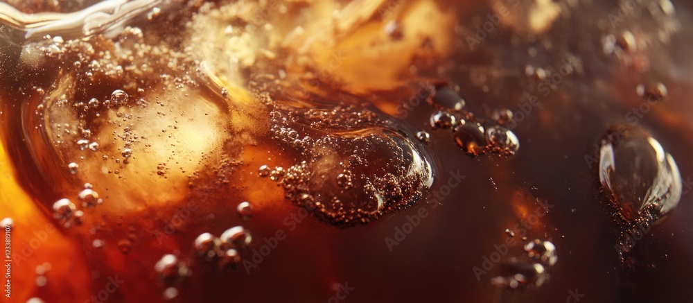 Poster close-up of carbonated beverage with ice cubes and bubbles against a blurred background copy space