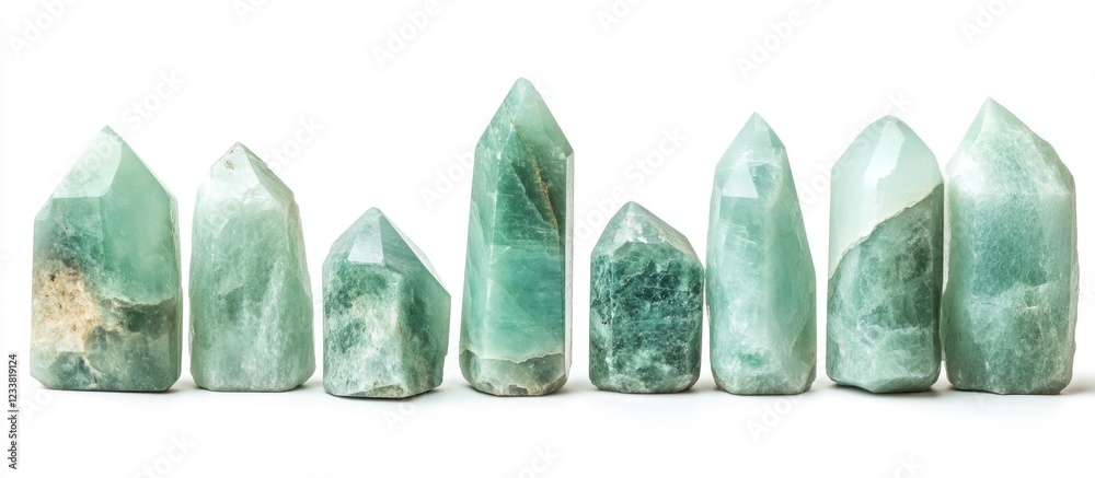 Poster Green crystals in various shapes and sizes arranged in a line on a white background with Copy Space for text