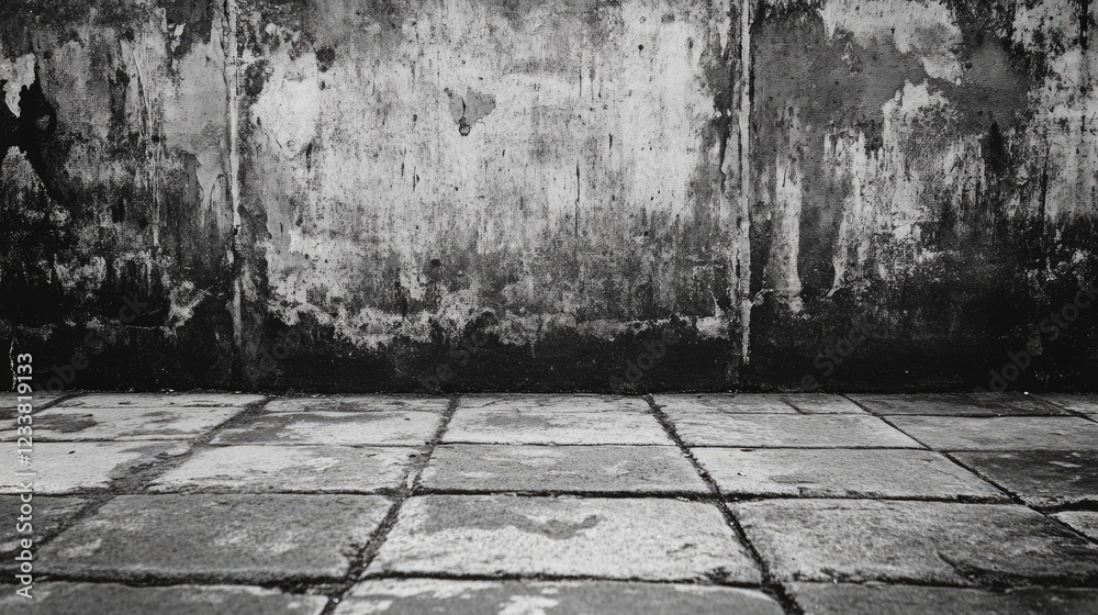 Aufkleber grungy textured wall with cracked plaster and aged tiles on the ground copy space for text placement