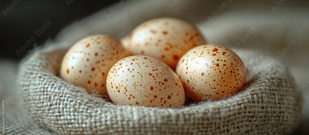 Poster spotted eggs arranged in a natural jute sack with textured background copy space