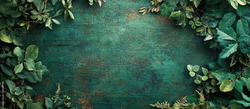 Aufkleber green foliage frame with copy space on a weathered wooden background for nature-themed design projec