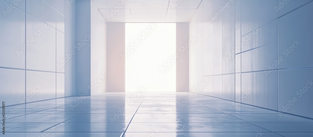 Aufkleber Modern empty corridor with bright light at the end and glossy floor, minimalistic design and Copy Space available for text placement
