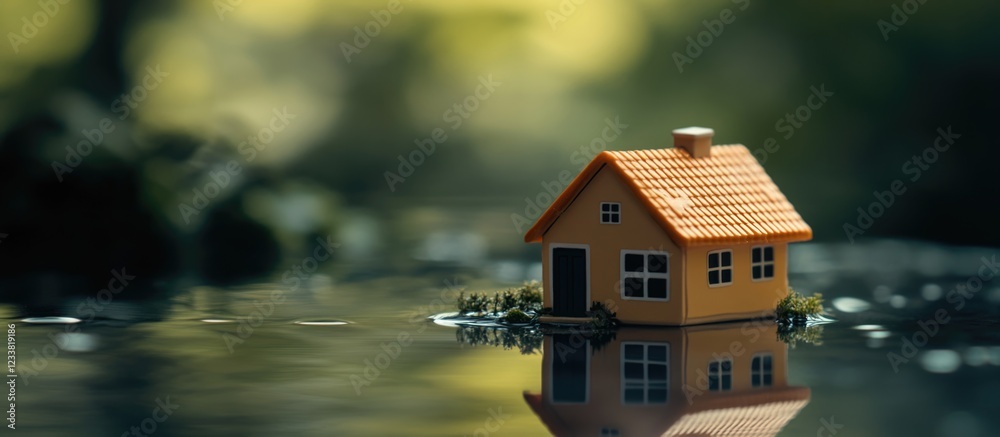 Poster Miniature house model floating on reflective water surface with blurred natural background and copy space for text