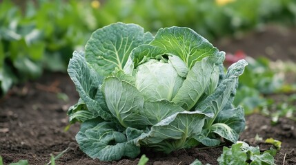 Fresh green cabbage growing in a garden bed with rich soil and foliage in the background Copy Space