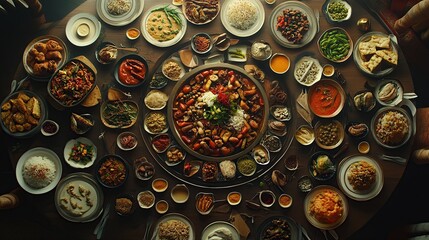 Lavish Indian feast, circular table, overhead view, restaurant