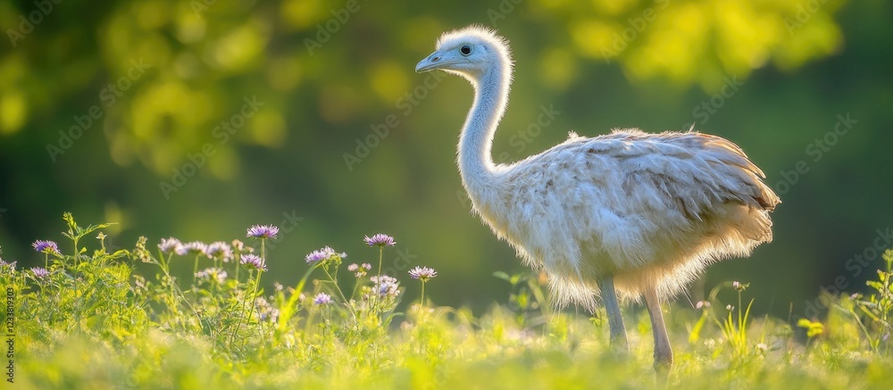 Poster young ostrich chick standing in a grassy field with soft sunlight and blurred greenery in the backgr
