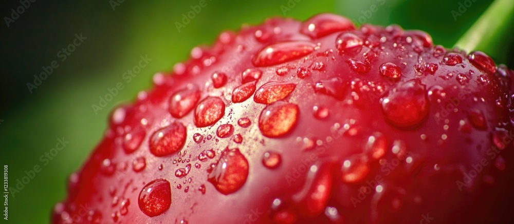Poster red cherry with water droplets on surface and green foliage in background copy space