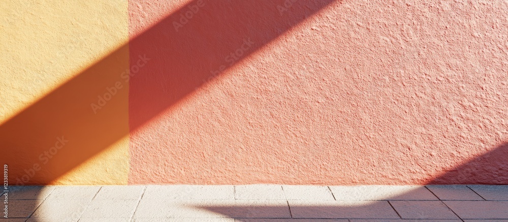 Aufkleber Colorful textured wall with shadows and tile floor, minimalistic design, Copy Space available for text placement.