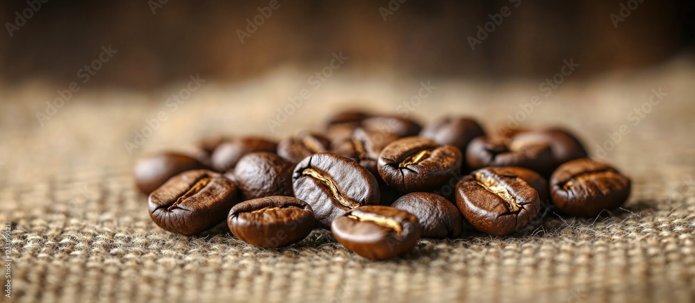 Poster coffee beans on burlap fabric with natural background copy space