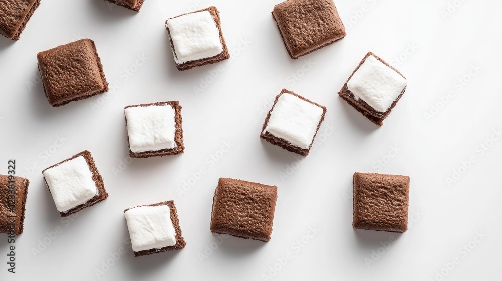 Poster chocolate marshmallow squares arranged on a white background with copy space for text placement.