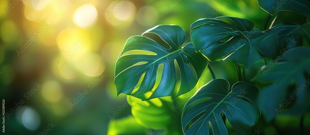 Poster Lush green Monstera leaves in soft sunlight with blurred background and Copy Space for text placement
