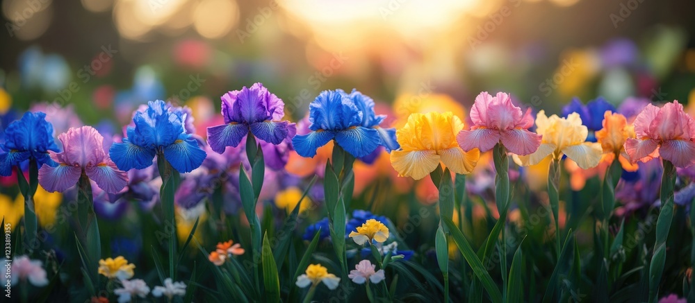 Poster vibrant colorful flower field with blooming irises at sunset with soft light and bokeh effect copy s