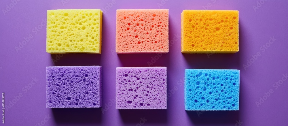 Poster Colorful sponges arranged in two rows on a purple background with Copy Space for text placement