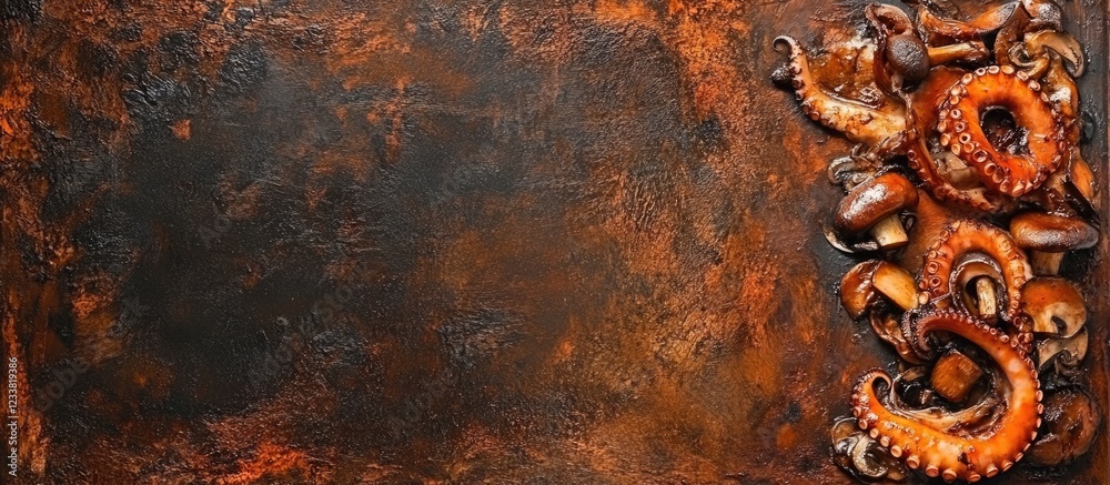 Aufkleber Rustic background with octopus and seashells on textured surface Copy Space for marine or culinary designs