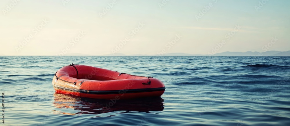 Poster bright red inflatable boat floating on calm ocean water during sunset with clear sky and distant hor