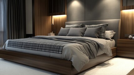 Modern bedroom interior design with wooden accents and neutral color scheme featuring a large bed and soft textiles Copy Space