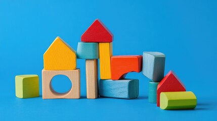 Colorful wooden building blocks arranged on a blue background with copy space