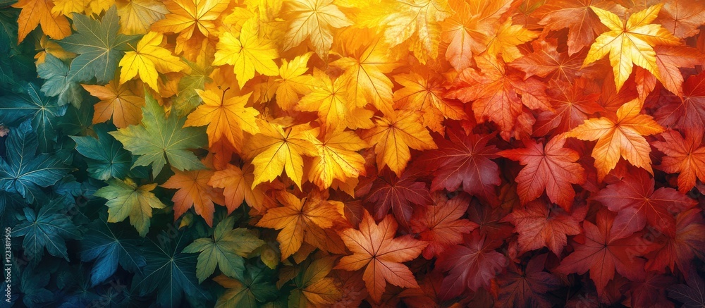 Poster colorful autumn leaves in gradient hues of red orange yellow and green with copy space for text plac