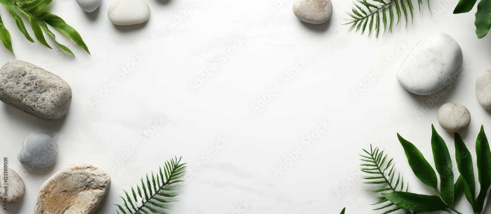 Poster natural stone and green leaf frame on white background with copy space for text or advertisement