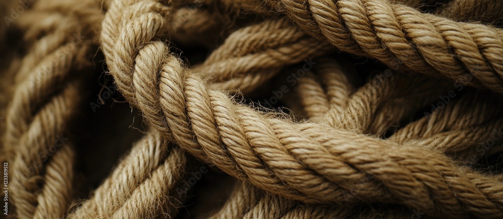 Poster close-up of intertwined natural jute rope with detailed texture and shadows on a dark background cop