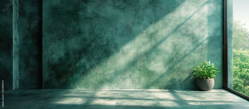 Poster interior view of a modern room with green textured walls and a large window casting shadows, featuri