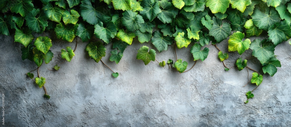 Poster lush green ivy leaves cascading over a textured gray wall with ample copy space for text insertion