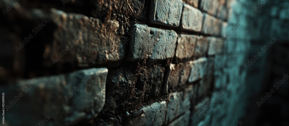 Poster textured close-up of an old weathered brick wall with moss and rust in a dark alleyway copy space