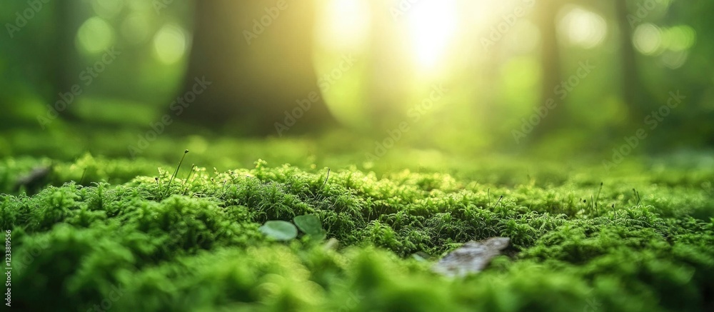 Poster Lush green moss covering forest floor with soft sunlight filtering through trees in blurred background Copy Space