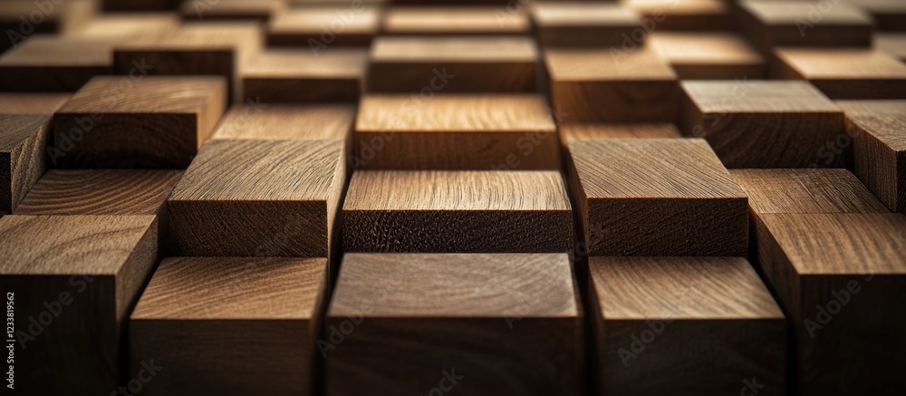 Aufkleber Wooden blocks arranged in a geometric pattern with varied heights illuminated by natural light Copy Space