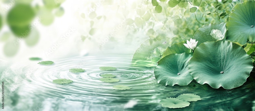 Aufkleber Lily pads with white flowers on calm water surface in a tranquil environment with soft reflections and natural greenery Copy Space