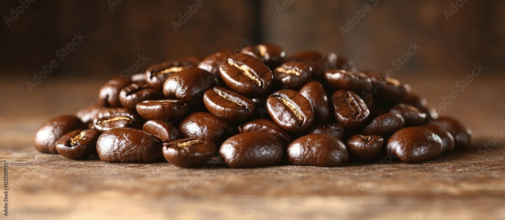 Poster freshly roasted coffee beans on rustic wooden surface with natural light and copy space for text pla