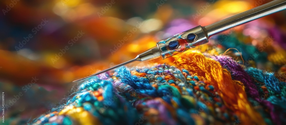 Poster Macro shot of a sewing needle threading colorful fibers with vibrant blurred background and Copy Space for text placement