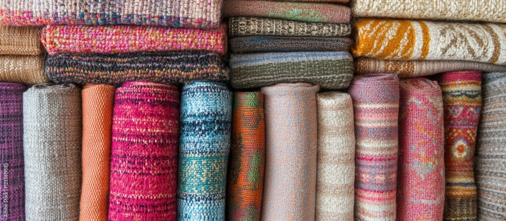 Poster colorful collection of folded fabric rolls in various textures and patterns against a neutral backgr