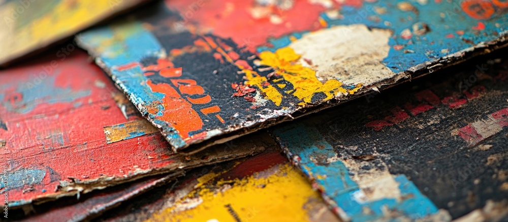 Aufkleber Close-up of weathered and colorful paint layers on wooden surface with texture and Copy Space for text