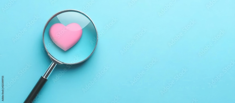 Aufkleber Magnifying glass focusing on pink heart shape on turquoise background with Copy Space for text placement